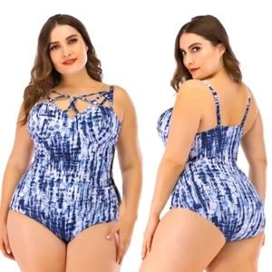 NWOT Torrid Swimsuit Size 2 Blue Strappy Caged Tie Dye One Piece